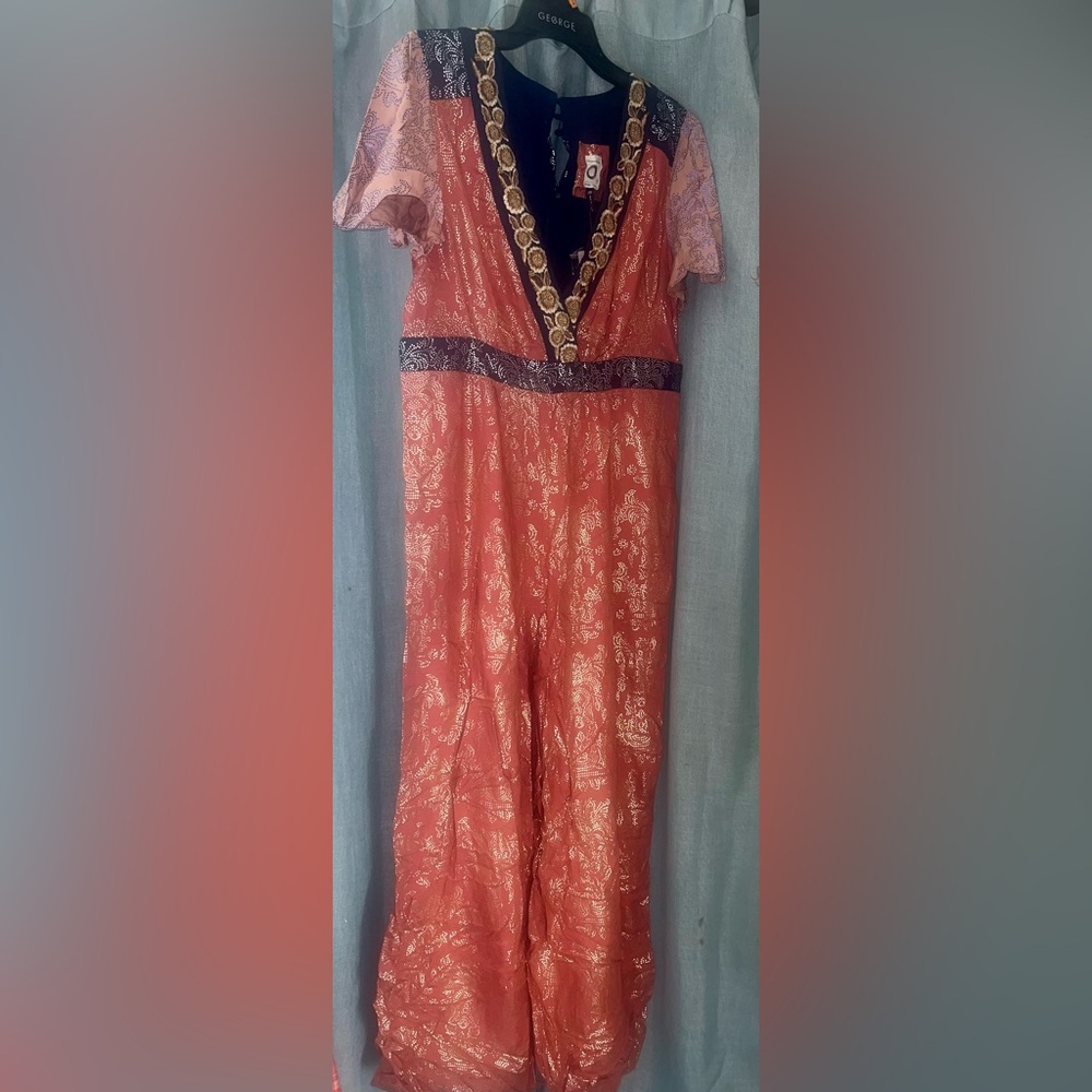 Anthropologie Akemi Coral and Gold Jumpsuit